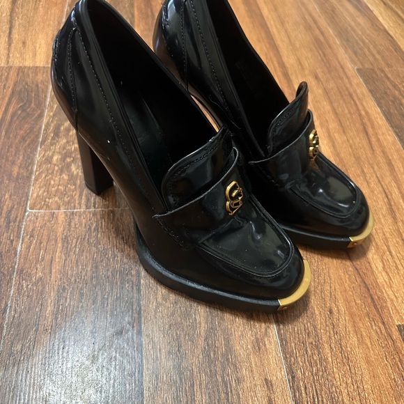 Karl Lagerfeld Black and Gold Heeled Loafers - Picture 2 of 4